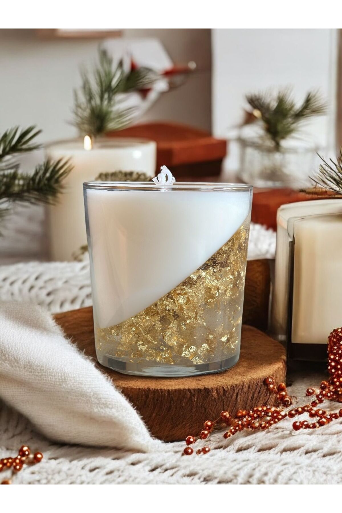 Altın Varak Detaylı Vanilya Esanslı Soya Wax Jel Mum | Kokulu Dekoratif Mum